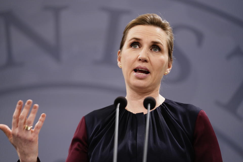 Denmark's Prime Minister Mette Frederiksen, takes part in a coronavirus press conference, in Copenhagen, Denmark, Wednesday Jan. 26, 2022. (Mads Claus Rasmussen/Ritzau Scanpix via AP)