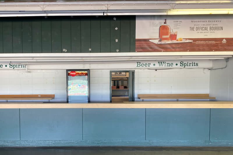 A concession stand sits empty at Belmont Park ahead of the 152nd running of the Belmont Stakes