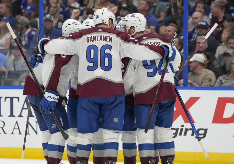 TAMPA, FL - OCTOBER 23: Colorado Avalanche Celebrates scoring a goal during the NHL Hockey match between the Tampa Bay Lightning and Colorado Avalanche on October 23, 2021 at Amalie Arena in Tampa, FL. (Photo by Andrew Bershaw/Icon Sportswire via Getty Images)
