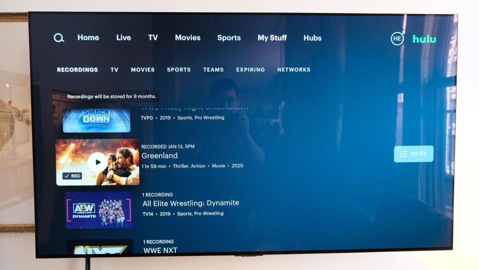 The DVR menu on Hulu + Live TV