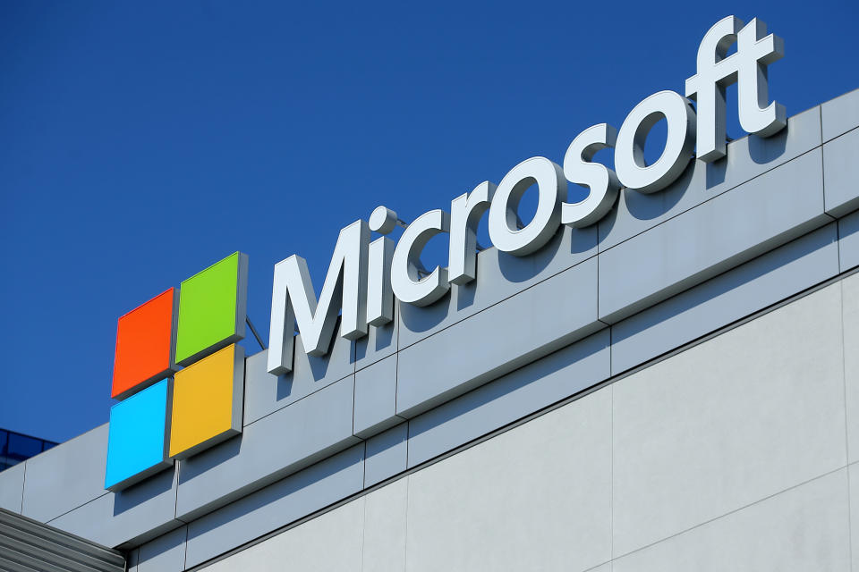 The Microsoft logo is shown on the Microsoft Theatre at the E3 2017 Electronic Entertainment Expo in Los Angeles, California, U.S. June 13, 2017.  REUTERS/ Mike Blake