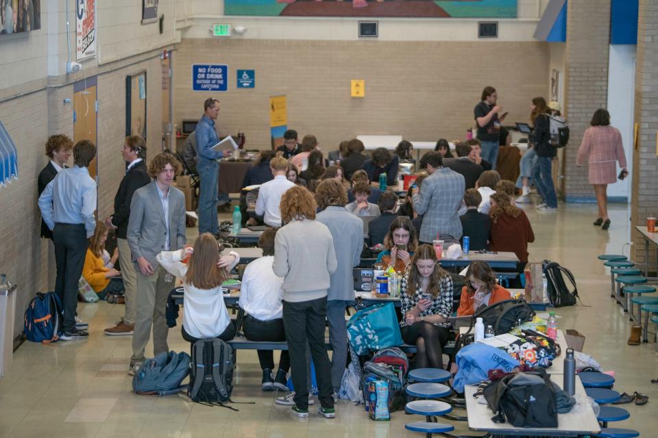 Students fill the cafeteria of Pueblo Central High School during the state speech and debate tournament on Friday, February 23, 2024.