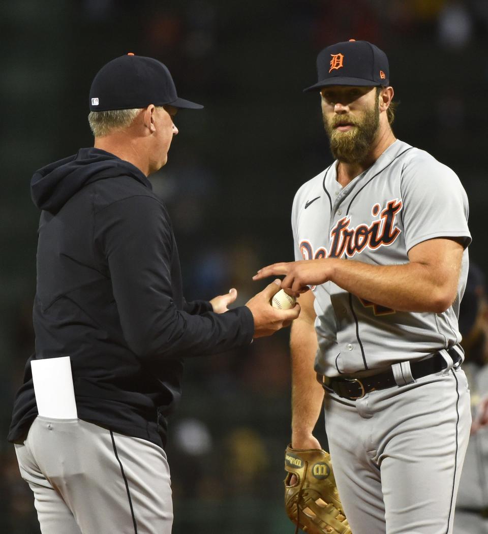 Tigers pitcher Daniel Norris hands the ball to manager AJ Hinch after being relieved during the third inning of the Tigers' 11-7 loss on Tuesday, May 4, 2021, in Boston.