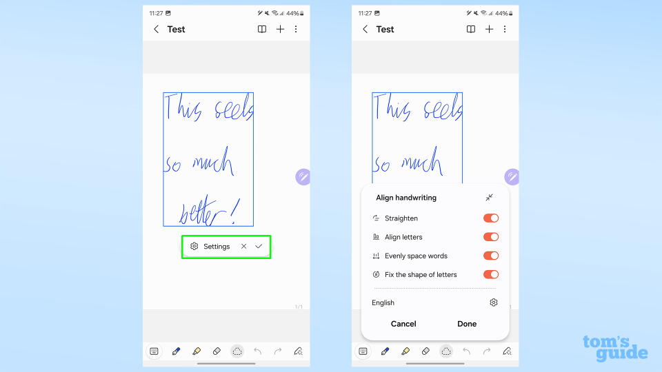 Galaxy AI Notes settings for Align handwriting