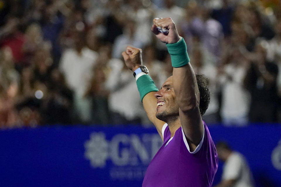 Spain's Rafael Nadal celebrates after defeating Britain's Cameron Norrie in the final match at the Mexican Open tennis tournament in Acapulco, Mexico, Saturday, Feb. 26, 2022. (AP Photo/Eduardo Verdugo)