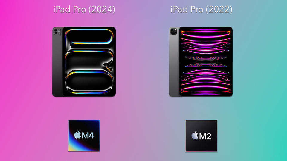 Two iPads in front of a colorful gradient background. M4 and M2 chips below denote the different versions.