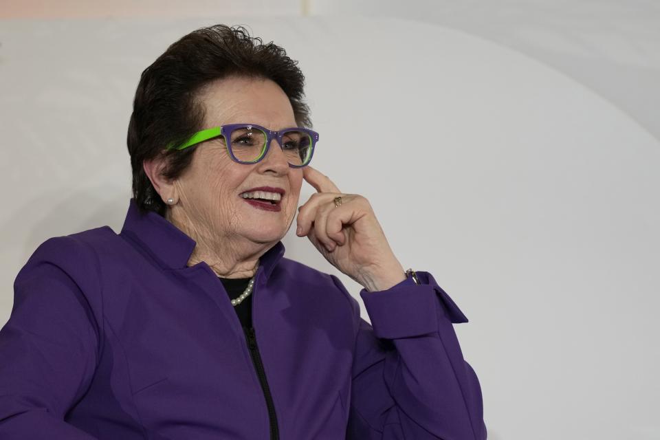 FILE - Billie Jean King talks during International Women's Day in Abu Dhabi, United Arab Emirates, Wednesday, March 8, 2023. King thinks back on the landmark gathering of female tennis players at a London hotel shortly before they competed at Wimbledon a half-century ago and acknowledges she wasn’t sure how things would go that day.(AP Photo/Kamran Jebreili, File)