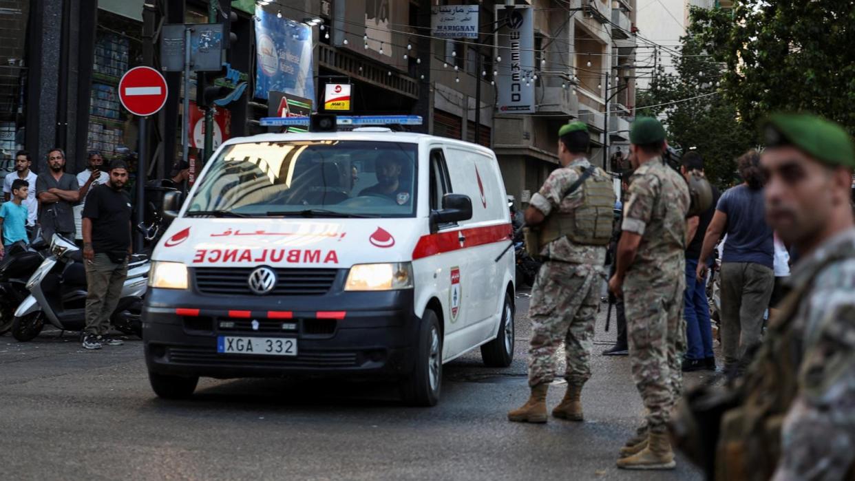 PHOTO: An ambulance arrives at the American University of Beirut medical center after more than 1,000 people, including Hezbollah fighters and paramedics, were injured when the pagers they use to communicate exploded across Lebanon, in Beirut, September 17, 2024. (Mohamed Azakir/Reuters)