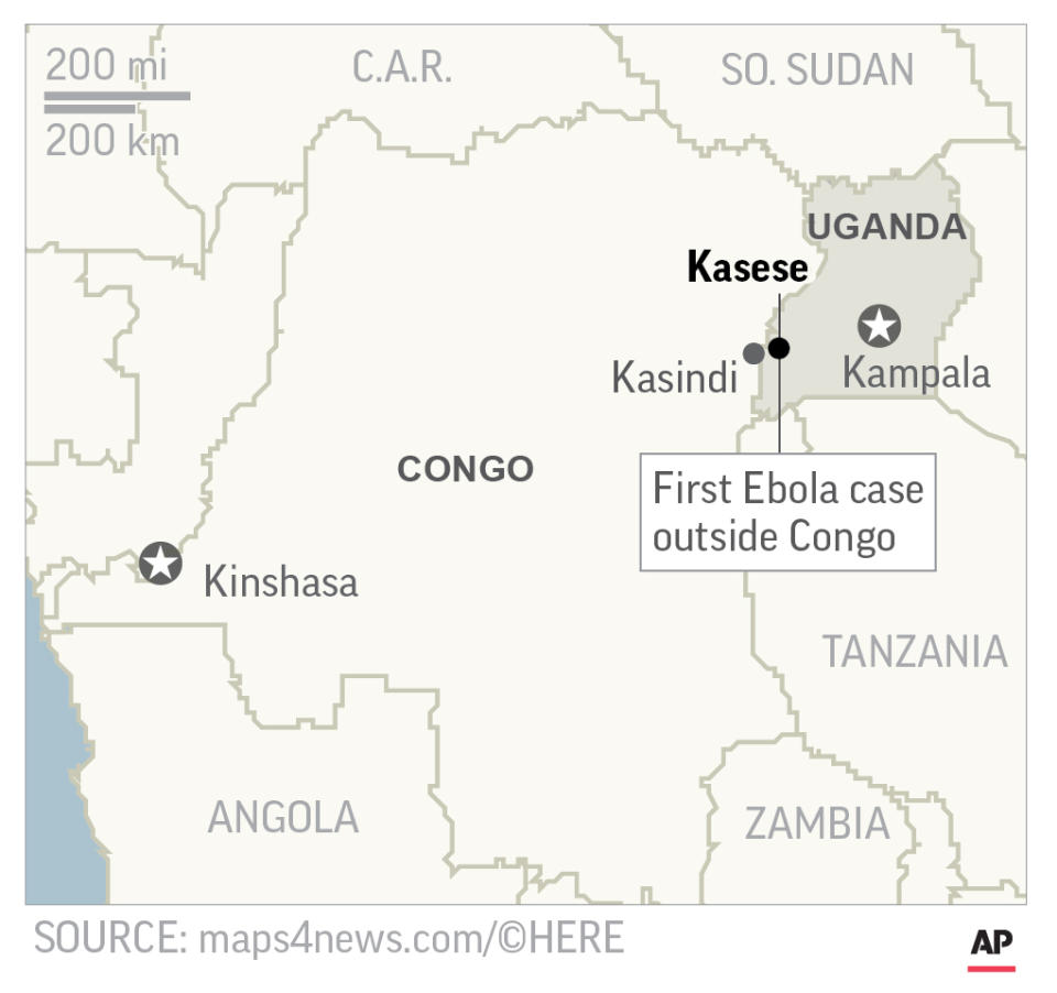 Map locates Kasese, Uganda, where the first Ebola case outside Congo outbreak was reported; 2c x 3 1/2 inches; 96.3 mm x 88 mm;