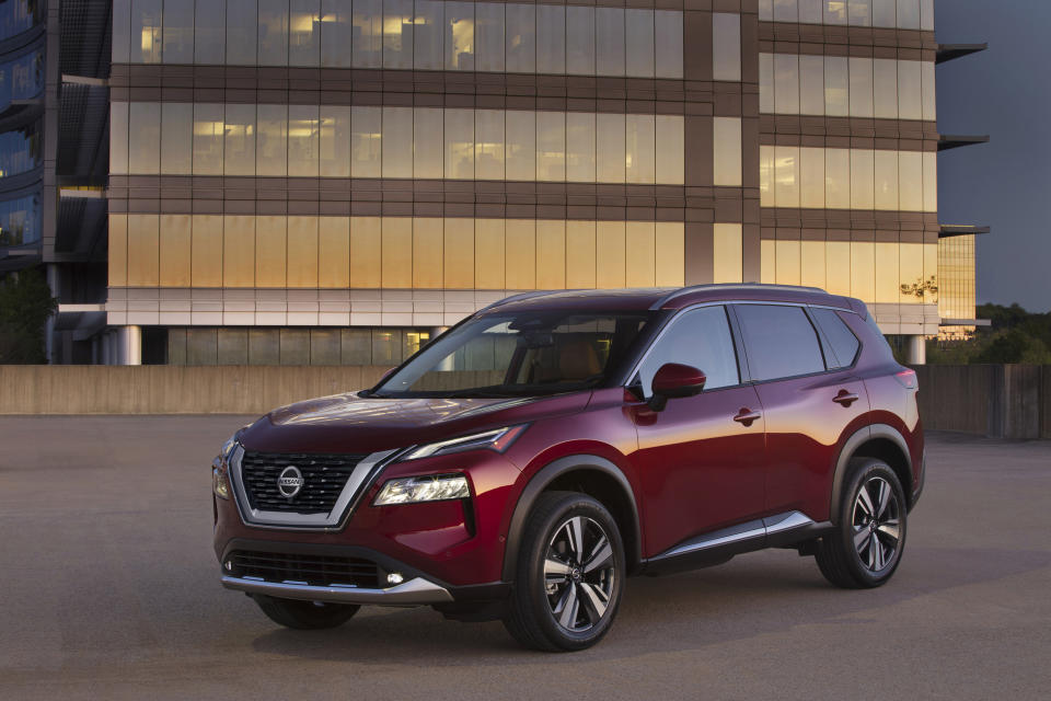 This photo provided by Nissan shows the 2021 Nissan Rogue, the newest version of Nissan's popular compact SUV. Redesigned for 2021, the Rogue improves upon its predecessor in almost every way imaginable. (Courtesy of Nissan North America via AP)