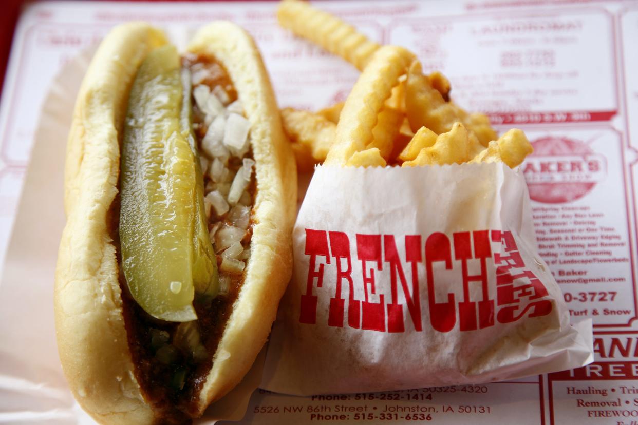 A Coney Island dog and a small side of crinkle-cut fries at Jim's Coney Island.