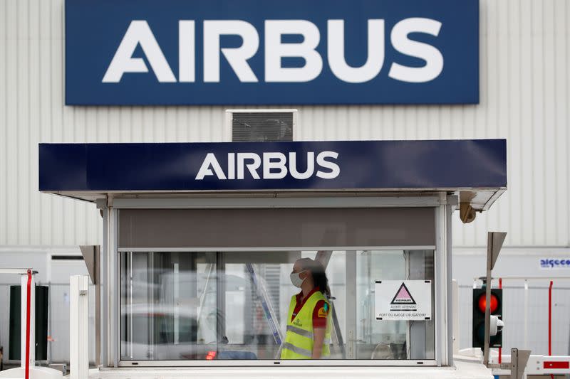 Airbus logo at the entrance of the Airbus facility in Bouguenais