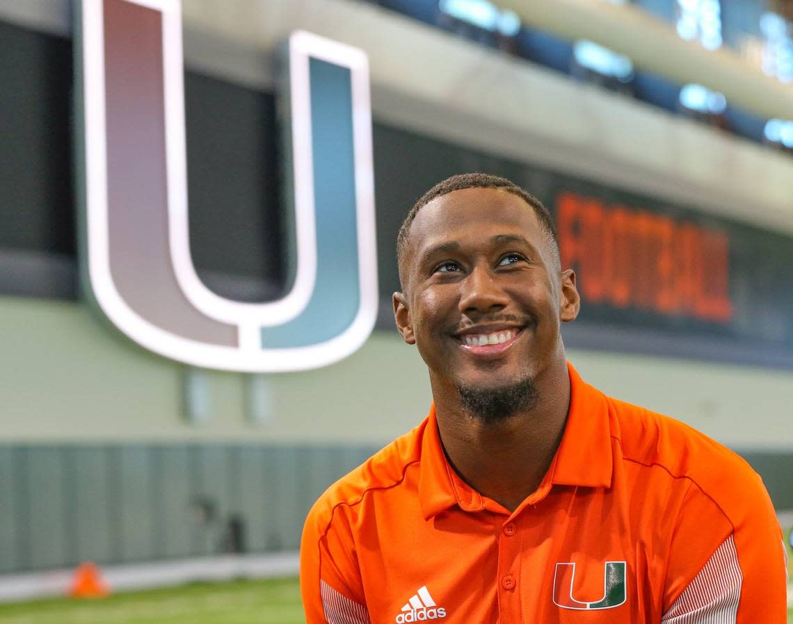 Miami Hurricanes wide receiver Frank Ladson, Jr. speaks to reporters during Media Day in the Carol Soffer Indoor Practice Facility at the University of Miami on Tuesday, August 2, 2022.