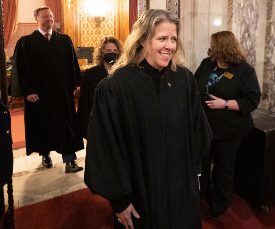 Wisconsin Supreme Court Justices Rebecca Bradley, Rebecca Dallet and Brian Hagedorn arrive before Gov. Tony Evers delivers his State of the State address Tuesday, February 15, 2022 at the Capitol in Madison, Wis. 



MARK HOFFMAN/MILWAUKEE JOURNAL SENTINEL