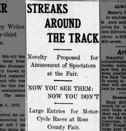 A clipping from the Gazette about motorcycle races at the fairgrounds.