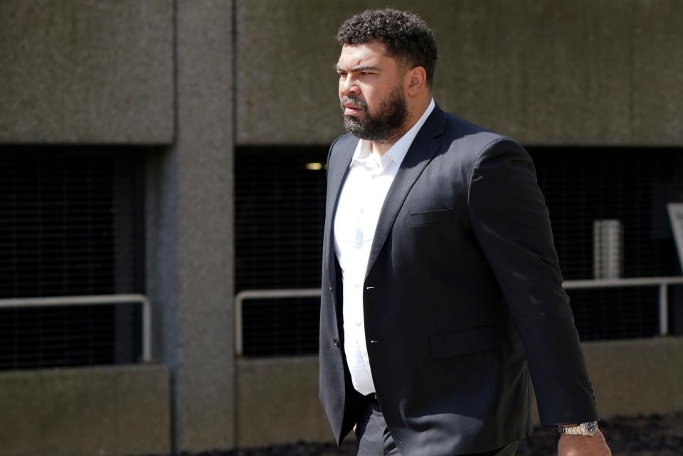 Pittsburgh Steelers NFL football player Cam Heyward arrives for a memorial service for quarterback Dwayne Haskins, Friday, April 22, 2022, in Pittsburgh. (AP Photo/Keith Srakocic)