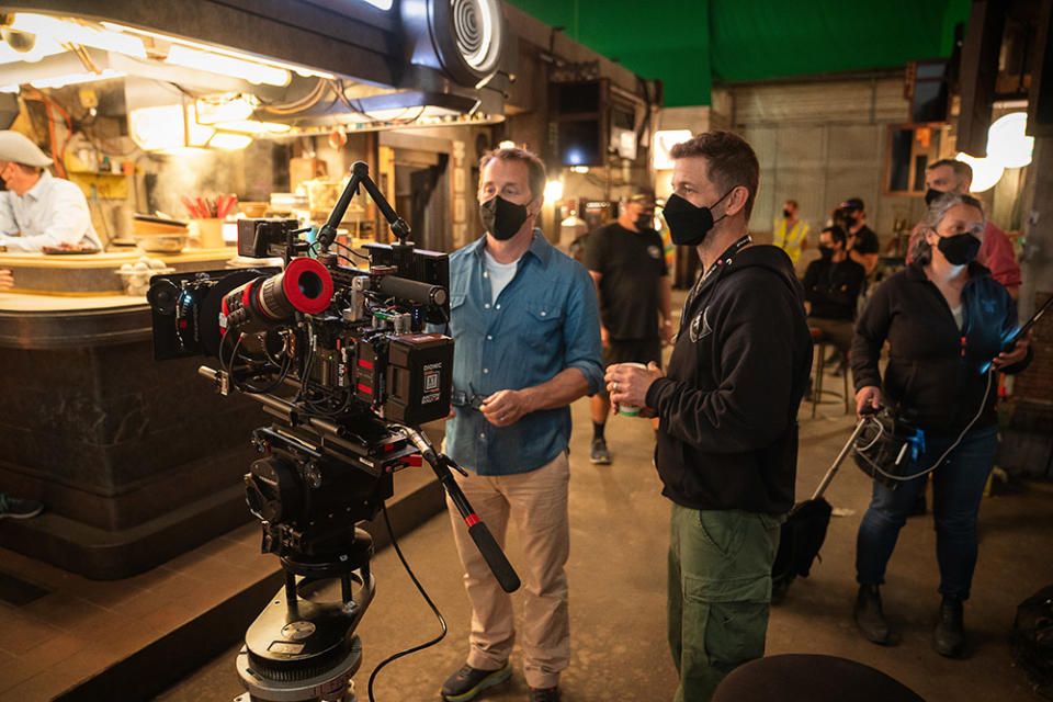 (L-R) screenwriter/producer Kurt Johnstad and director/writer/producer Zack Snyder on the set of Rebel Moon — Part One A Child of Fire.