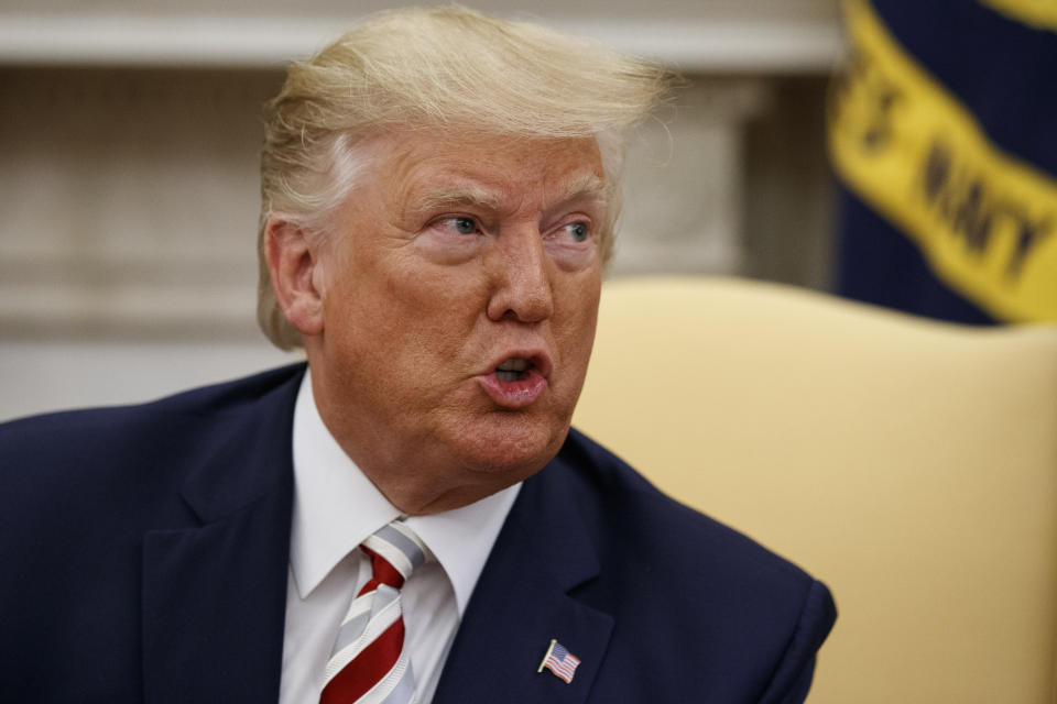 President Donald Trump speaks during a meeting with Romanian President Klaus Iohannis in the Oval Office of the White House, Tuesday, Aug. 20, 2019, in Washington. (AP Photo/Alex Brandon)