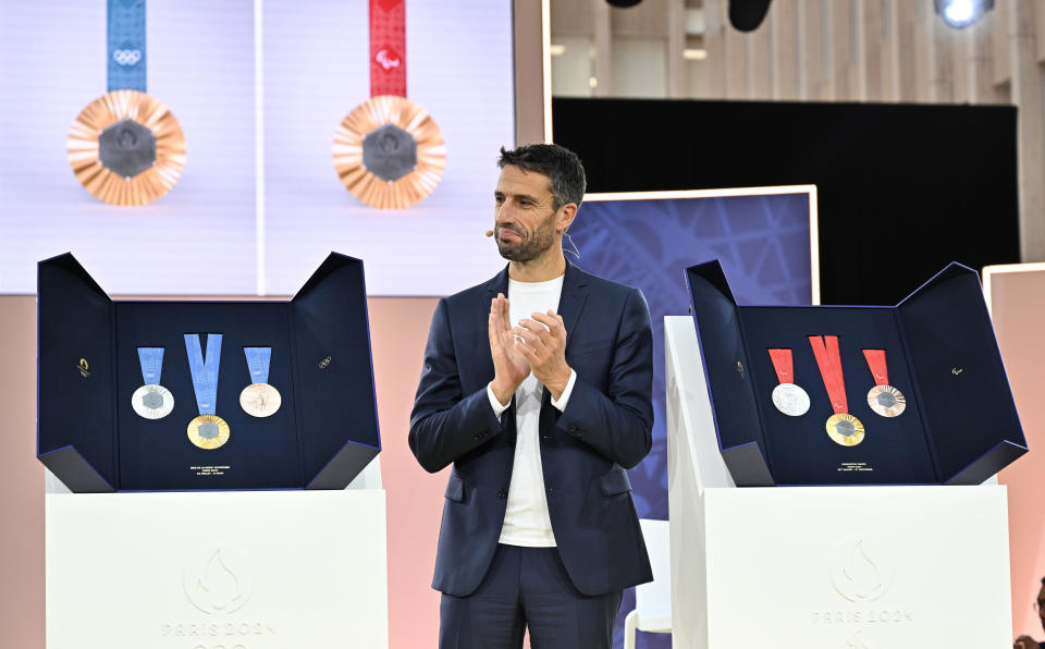 President of the Paris 2024 Organising Committee for the Olympic and Paralympic Games and 3-time   Olympic slalom canoe champion Tony Estanguet attends an unveiling presentation for the Paris 2024 medals in Saint-Denis, near Paris, France, Feb. 8, 2024. / Credit: Mustafa Yalcin/Anadolu/Getty