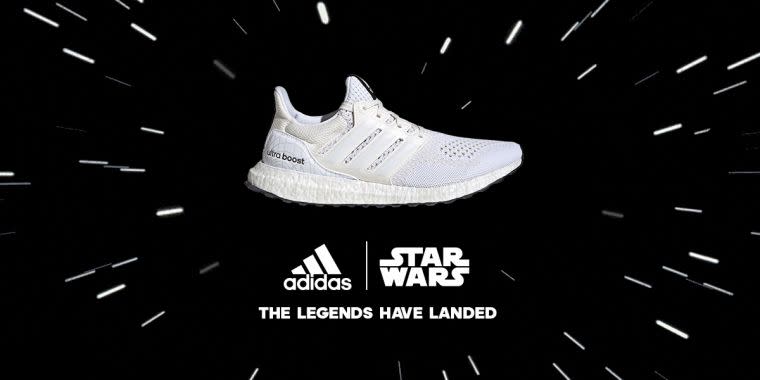 adidas Ultraboost DNA Star Wars 莉亞公主鞋款以全白色系貫穿Primeknit針織鞋面與BOOST中底，象徵莉亞公主一襲浪漫的白袍。官方提供