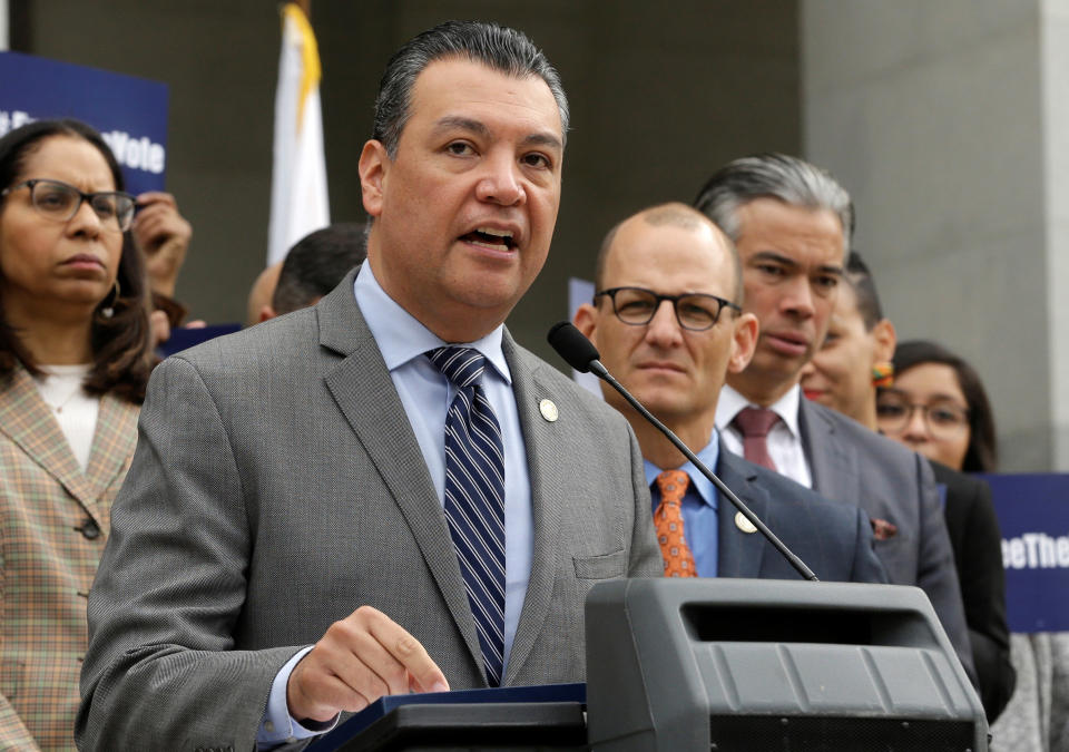 FILE - In this Jan. 28, 2019, file photo, California Secretary of State Alex Padilla talks during a news conference at the Capitol in Sacramento, Calif. California Gov. Gavin Newsom appointed Secretary of State Alex Padilla on Tuesday, Dec. 22, 2020, as the state's next U.S. senator to fill the seat being vacated by Vice President-elect Kamala Harris. (AP Photo/Rich Pedroncelli, File)