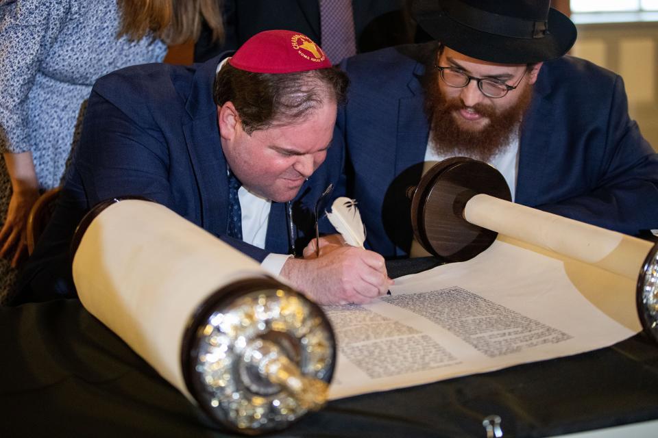 The final scribing of the new Torah Scroll for Chabad Lubavitch of the Panhandle, FSU was done inside the Florida Historic Capitol building on Tuesday, Oct. 10, 2023.