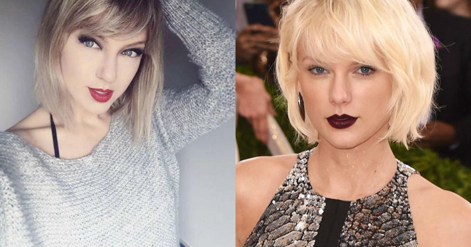 Seeing double: Can YOU identify the real Taylor Swift from the fake? (Copyright: Instagram/April Gloria/ David Fisher/REX/Shutterstock)