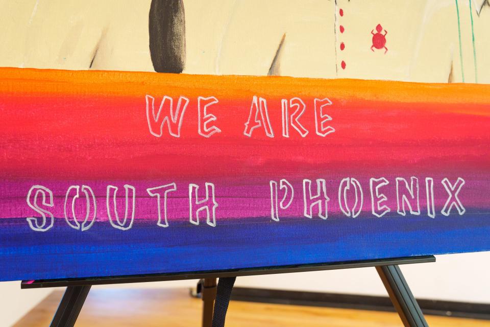 Close-up of Therosia Reynolds' rough plans for her public art piece, which includes the phrase, "We Are South Phoenix," photographed on Dec. 9, 2022, in Mesa, Ariz. Reynolds' mural will highlight notable South Phoenix leaders as well as a depiction of a girl representing the South Phoenix leaders of the future.