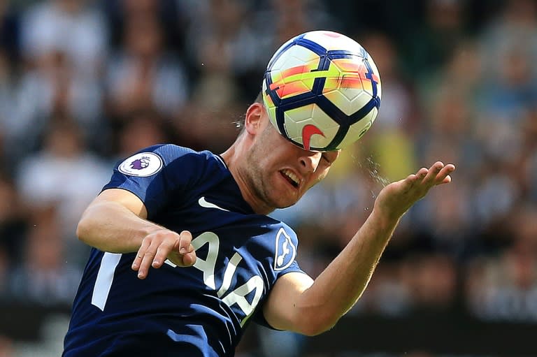 Tottenham Hotspur's Ben Davies heads the ball during their English Premier League match against Newcastle United, at St James' Park in Newcastle-upon-Tyne, on August 13, 2017