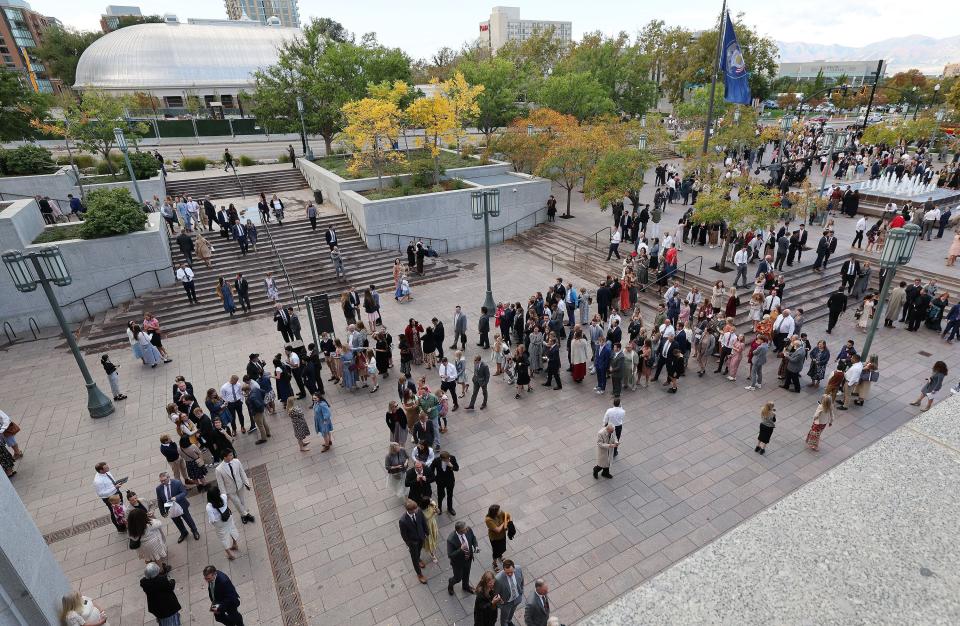 Conferencegoers wait in line for the Sunday morning session of the 193rd Semiannual General Conference of The Church of Jesus Christ of Latter-day Saints at the Conference Center in Salt Lake City on Sunday, Oct. 1, 2023. | Jeffrey D. Allred, Deseret News