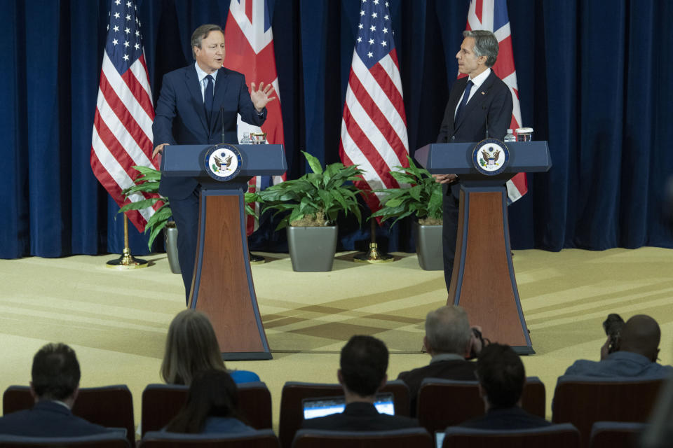 British Foreign Secretary David Cameron, left, speaks during a meeting with Secretary of State Antony Blinken at the State Department on Tuesday, April 9, 2024 in Washington. (AP Photo/Kevin Wolf)