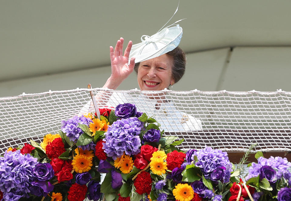 Princess Anne was all smiles as she represented the Queen at Epsom Racecourse. (Getty Images)