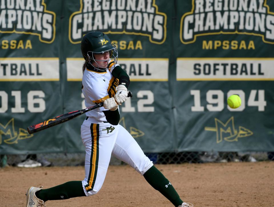 Mardela's Camryn Dorr (17) hits a double against St. Michael's Thursday, March 21, 2024, in Mardela Springs, Maryland. Mardela defeated St. Michael's 19-0.