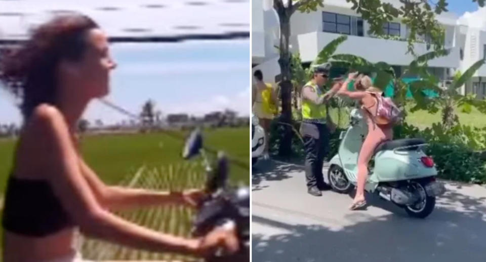 Left, an Aussie tourist in Bali dancing on a scooter with no helmet. Right an Aussie woman argues with police over a $25 fine.