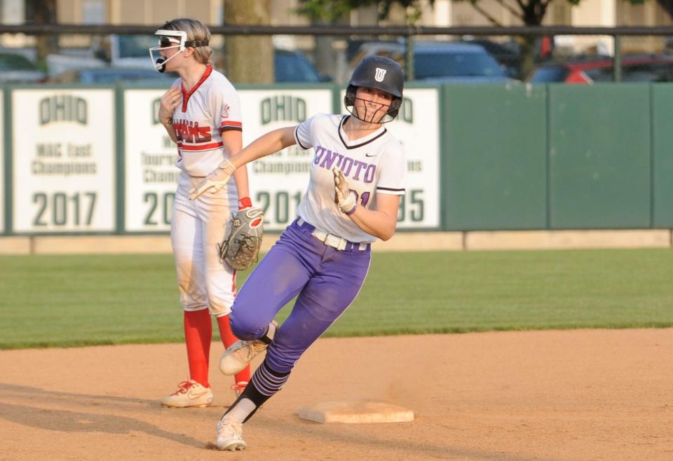 Unioto's Alexis Book rounds the bases during the Shermans' 6-2 win over Hillsboro in the Division II district finals at Ohio University on May 18, 2023.
