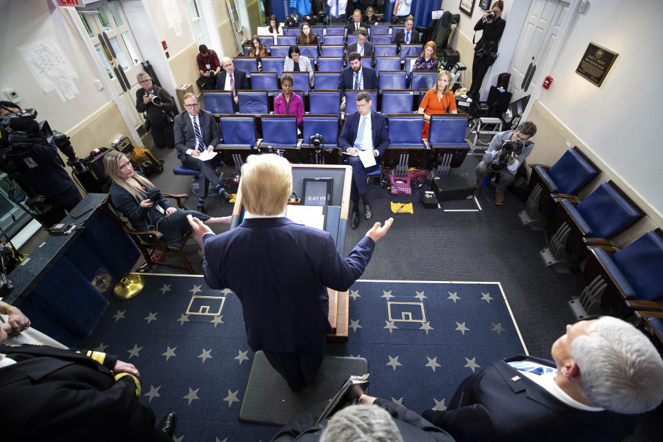 President Donald Trump speaks about the coronavirus in the James Brady Briefing Room, Monday, March 23, 2020, in Washington. (AP Photo/Alex Brandon)