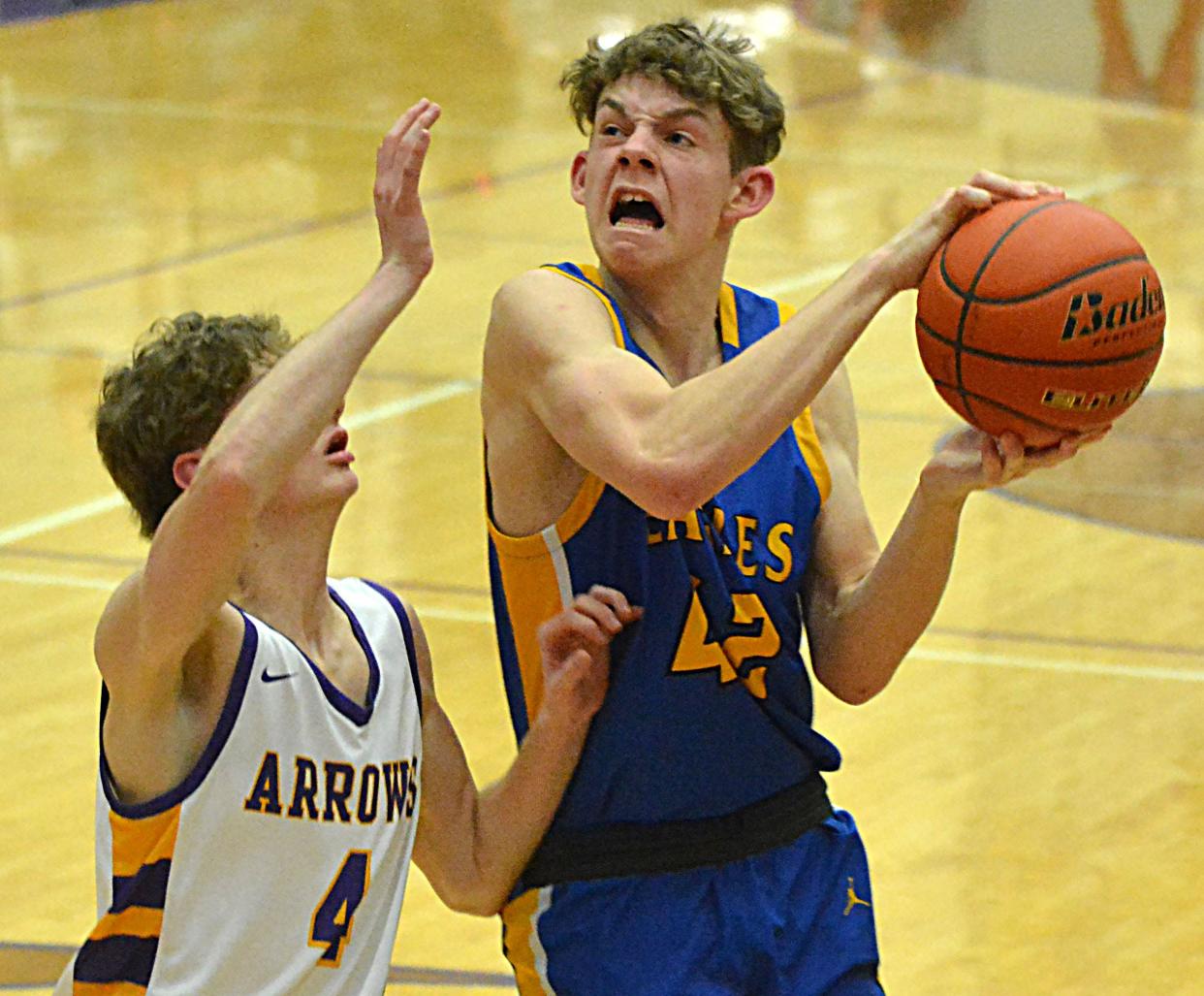 Aberdeen Central's Brendan Phillips drives against Watertown's Dylan Rawdon during their high school boys basketball game on Tuesday, Feb. 13, 2024 in the Watertown Civic Arena. Watertown won 74-71.