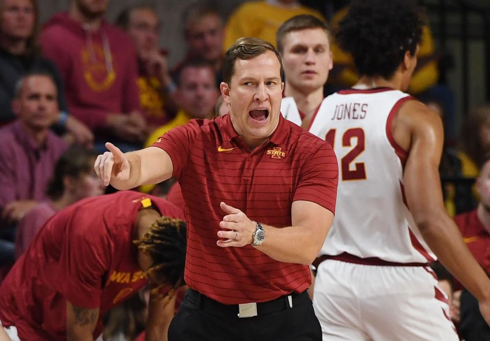 Iowa State Head coach T.J. Otzelberger reacts during the first half against Oregon State at Hilton Coliseum Friday, Nov. 12, 2021, in Ames, Iowa.