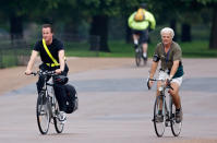 LONDON, UNITED KINGDOM - OCTOBER 11: (EMBARGOED FOR PUBLICATION IN UK NEWSPAPERS UNTIL 24 HOURS AFTER CREATE DATE AND TIME) Leader of the Conservative Party David Cameron and Desmond Swayne (Parliamentary Private Secretary to David Cameron) seen cycling through Hyde Park on October 11, 2006 in London, England. (Photo by Max Mumby/Indigo/Getty Images)