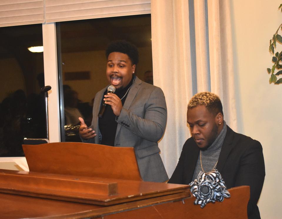 Music during the Lenawee County Martin Luther King, Jr. Community Celebration and Dinner Monday, Jan. 16, 2023, was provided by Adam Baker and Katai Harris, both from Siena Heights University. Here, the duo performs the Negro national anthem, "Lift Every Voice and Sing."