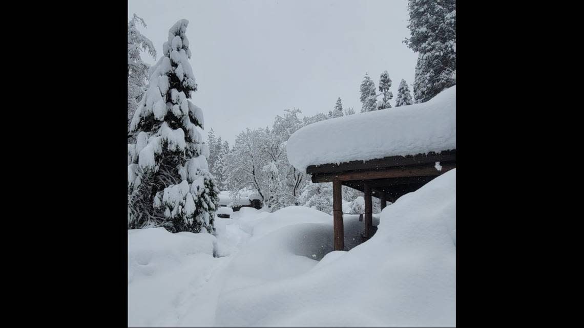 A porch in Curry Village in Yosemite National Park is framed in snow. Yosemite is closed to visitors after the park experienced significant snowfall with some areas recording up to 15 feet of snow, according to a Yosemite National Park Facebook post on Tuesday, Feb. 28, 2023. Image courtesy of Yosemite National Park.
