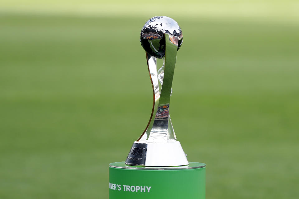 FILE - A view of the trophy displayed on the pitch prior to the final match between Ukraine and South Korea at the U20 World Cup soccer, in Lodz, Poland, Saturday, June 15, 2019. Indonesia has been stripped of hosting the men's Under-20 World Cup amid political turmoil regarding Israel’s participation. FIFA says Indonesia is not ready to stage the 24-team tournament scheduled to start on May 20, 2023. The decision comes after a meeting in Doha between FIFA president Gianni Infantino and Indonesian soccer federation president Erick Thohir. (AP Photo/Sergei Grits, File)