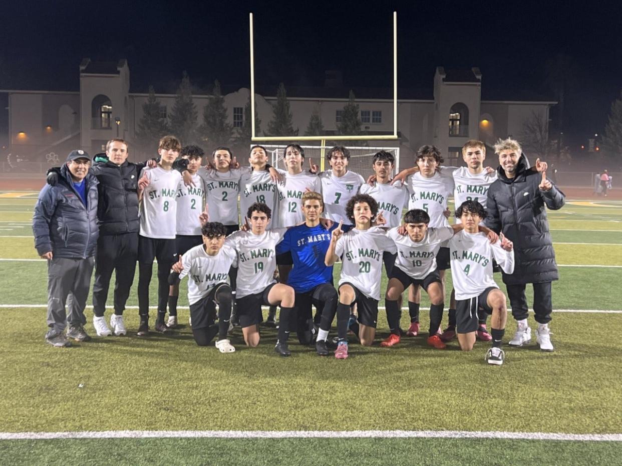 St. Mary's boys soccer team posses for a photo after a match against Tracy on Friday at Tracy High School, 315 E 11th St, Tracy, CA.