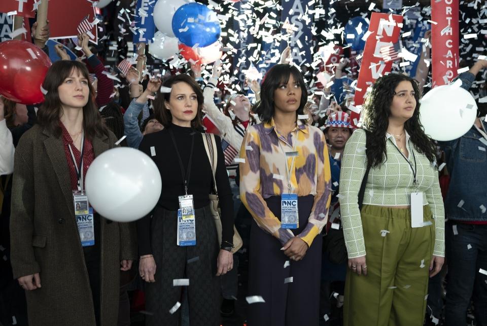 This image released by Max shows, from left, Melissa Benoist, Carla Gugino, Christina Elmore and Natasha Benham in a scene from "The Girls on the Bus." (Nicole Rivelli/Max via AP)