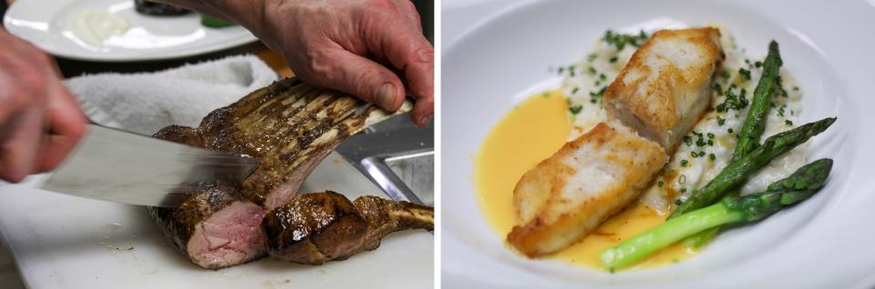 LEFT: Chef and owner Paul Grosz prepares lamb chops at Cuisine. RIGHT: East Coast halibut, seared and roasted and served with leek risotto, asparagus and citrus butter at Cuisine.