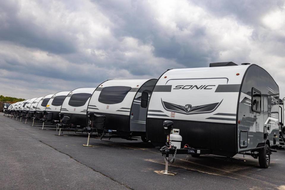 Multiple RV’s and trailers for sale at United RV Center in Haltom City on Tuesday, Sept. 12, 2023.