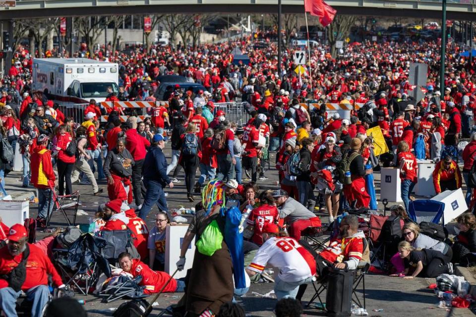 People take cover or run away after hearing gunshots after the Kansas City Chiefs’ Super Bowl LVIII championship rally on Wednesday, Feb. 14, 2024, at Union Station in Kansas City.