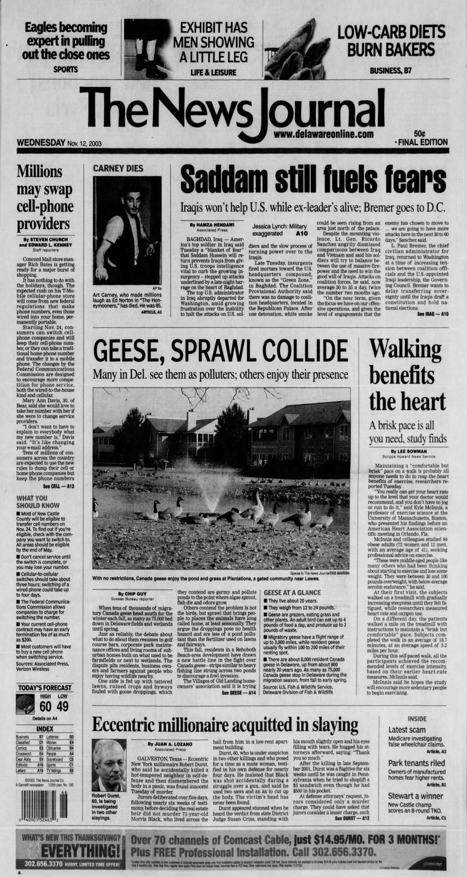 The front page of The News Journal from Nov. 12, 2003.