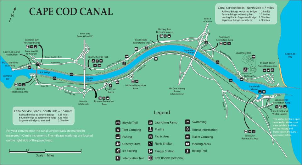 A map showing the location of the Cape Cod Canal Bikeway and access points. The paved biking and hiking path runs along both sides of the canal.