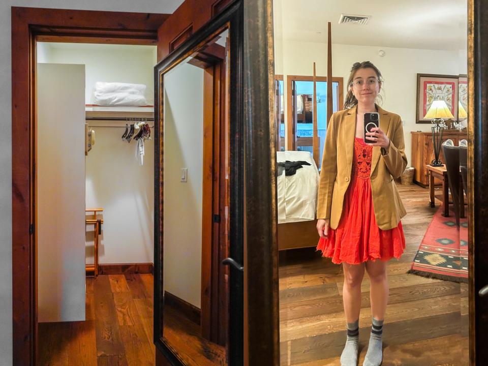 Two Images. Left: An open wooden door shows inside an empty closet.  Right: The author in a red dress and tan blazer takes a selfie in front of a mirror